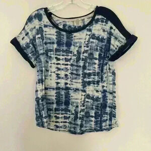 Lucky Brand Womens Large Shirt Blue White Short Sleeve Crew Neck Soft Shirt